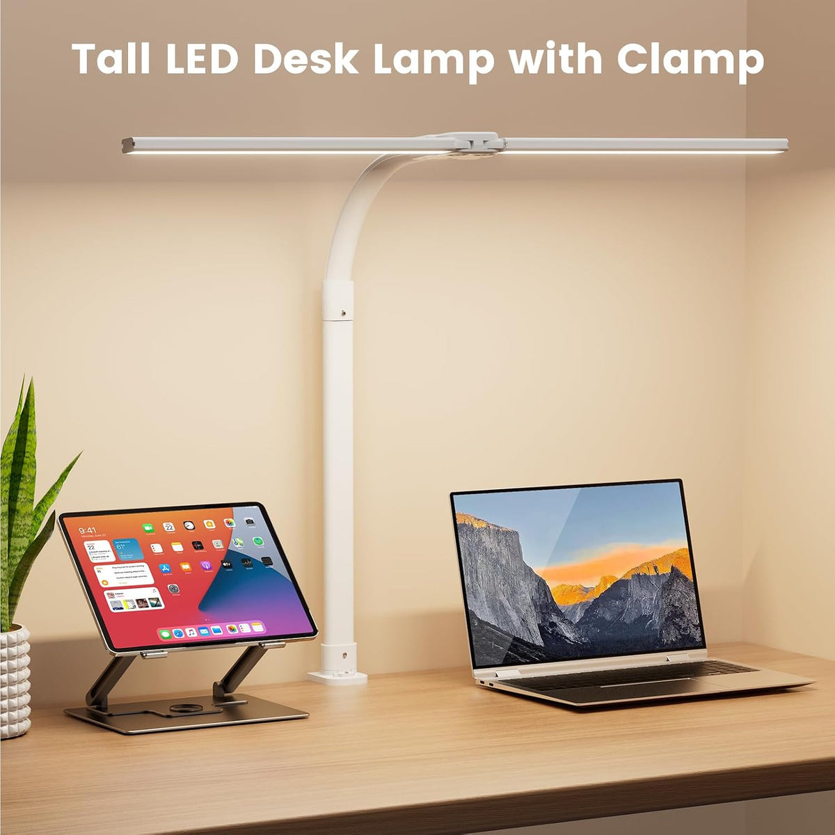 LED Desk Lamp for Home Office, 24W Computer Desk Light with Remote Control, Bright Table Lamp with Clamp Dimmable Tall Desktop Lighting with Bendable Gooseneck, Double Head, Black