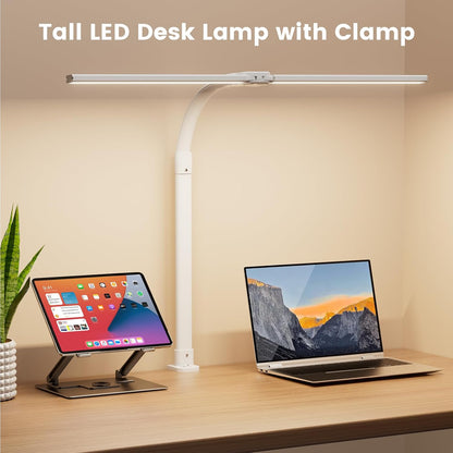 LED Desk Lamp for Home Office, 24W Computer Desk Light with Remote Control, Bright Table Lamp with Clamp Dimmable Tall Desktop Lighting with Bendable Gooseneck, Double Head, Black