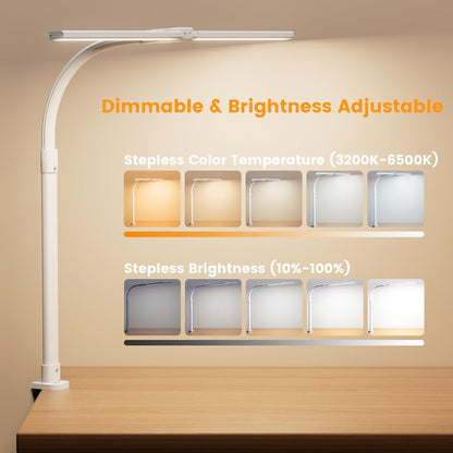 LED Desk Lamp for Home Office, 24W Computer Desk Light with Remote Control, Bright Table Lamp with Clamp Dimmable Tall Desktop Lighting with Bendable Gooseneck, Double Head, Black