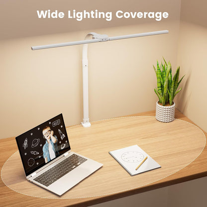 LED Desk Lamp for Home Office, 24W Computer Desk Light with Remote Control, Bright Table Lamp with Clamp Dimmable Tall Desktop Lighting with Bendable Gooseneck, Double Head, Black