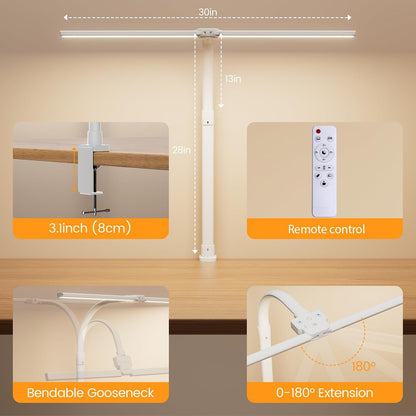 LED Desk Lamp for Home Office, 24W Computer Desk Light with Remote Control, Bright Table Lamp with Clamp Dimmable Tall Desktop Lighting with Bendable Gooseneck, Double Head, Black