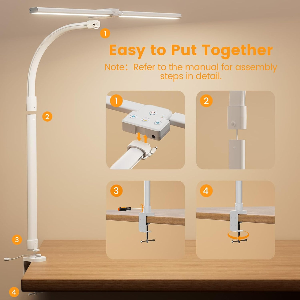 LED Desk Lamp for Home Office, 24W Computer Desk Light with Remote Control, Bright Table Lamp with Clamp Dimmable Tall Desktop Lighting with Bendable Gooseneck, Double Head, Black