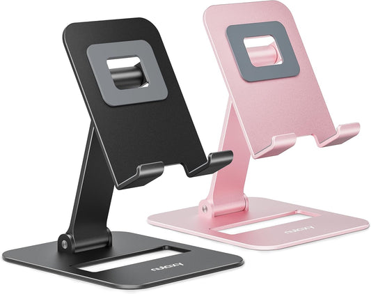 2 Pcs Aluminum Dual Folding Cell Phone Stand for Desk Black&Rosegold