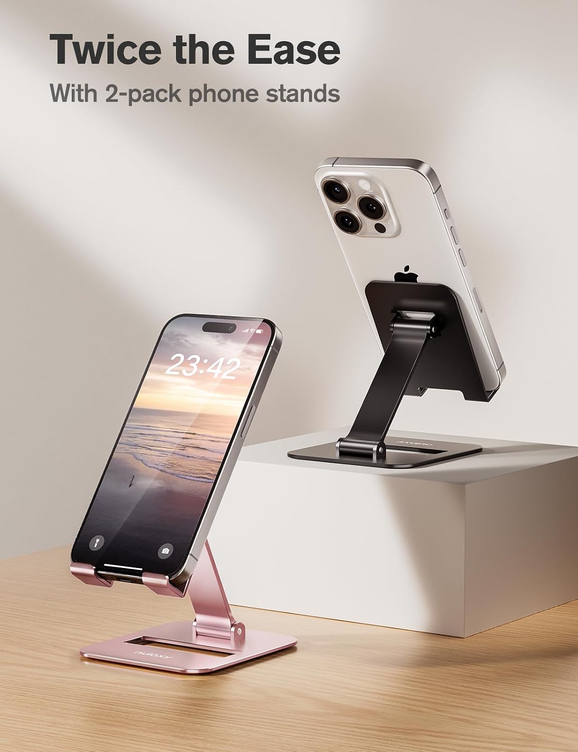 2 Pcs Aluminum Dual Folding Cell Phone Stand for Desk Black&Rosegold