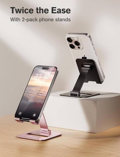2 Pcs Aluminum Dual Folding Cell Phone Stand for Desk Black&Rosegold