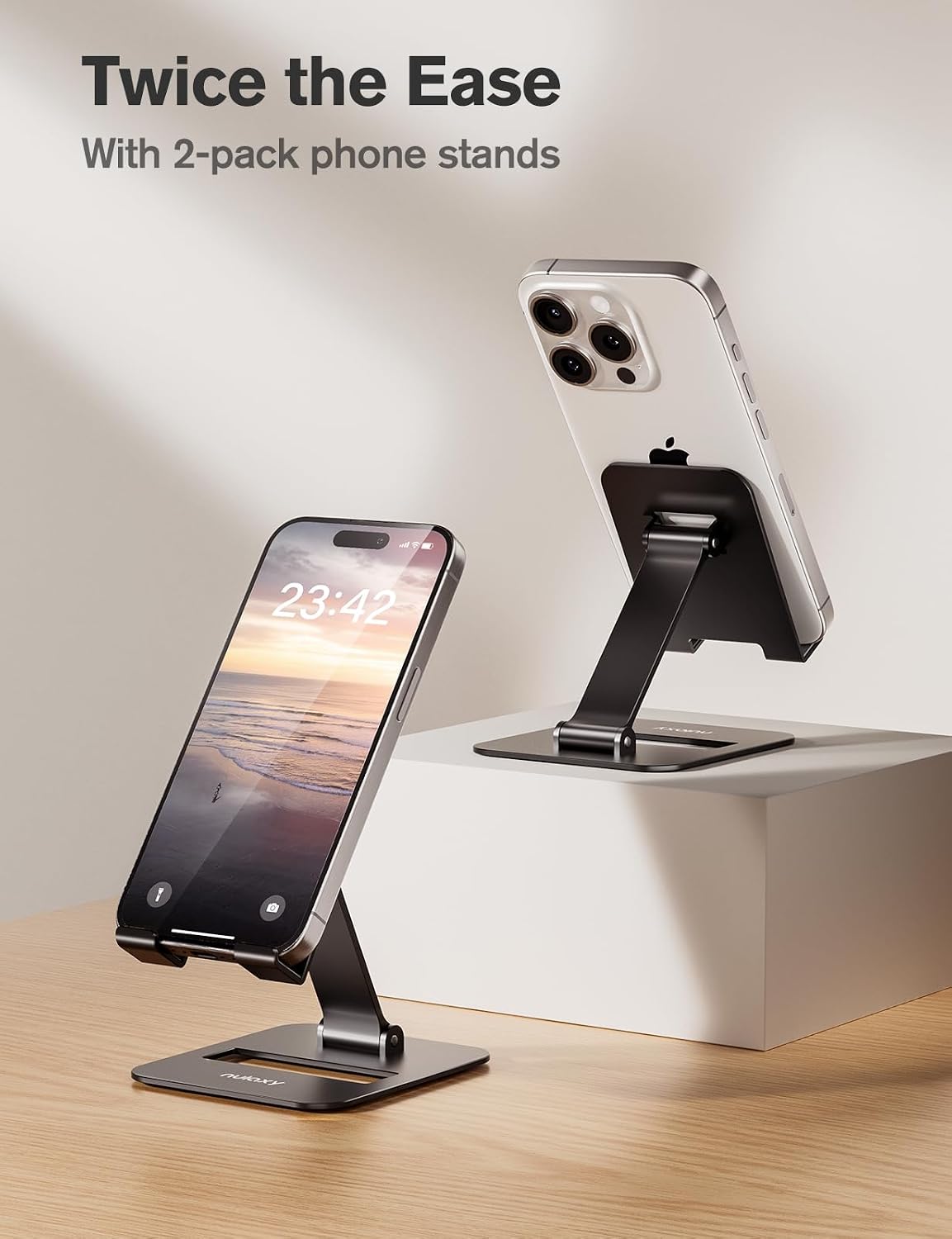 2 Pcs Aluminum Dual Folding Cell Phone Stand for Desk Black&Rosegold