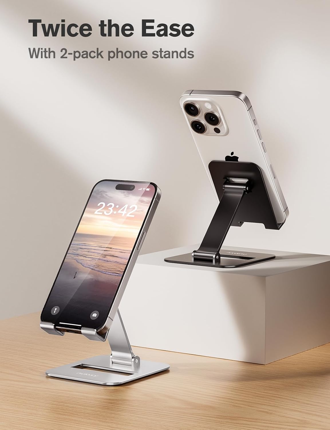 2 Pcs Aluminum Dual Folding Cell Phone Stand for Desk Black&Rosegold
