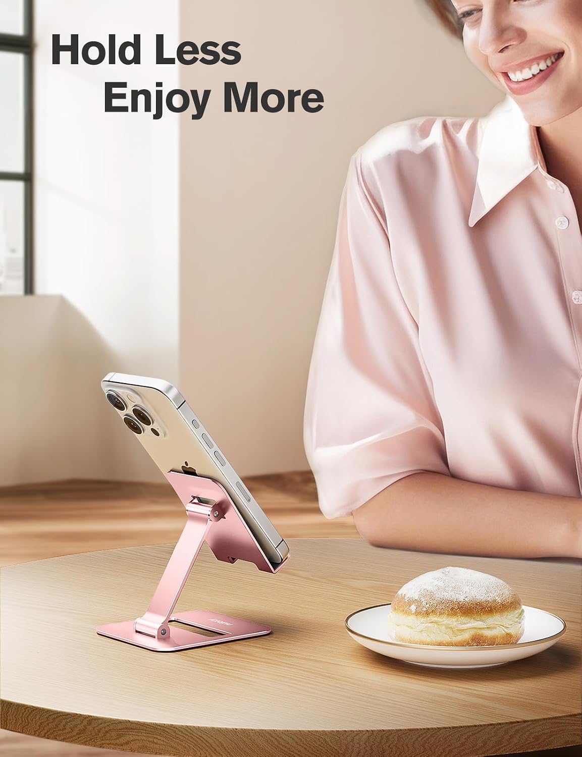2 Pcs Aluminum Dual Folding Cell Phone Stand for Desk Black&Rosegold