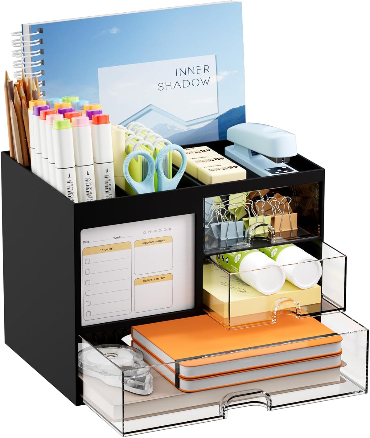Desk Organizer with 3 Drawer, Multi-Functional Pencil Pen Holder for Desk, Desk Organizers and Accessories with 4 Compartments, Desktop Organizer Storage for Office Home Art Supplies (Black)