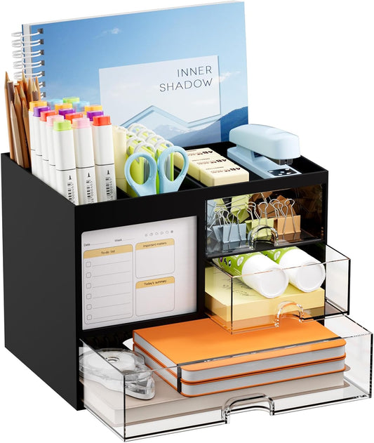 Desk Organizer with 3 Drawer, Multi-Functional Pencil Pen Holder for Desk, Desk Organizers and Accessories with 4 Compartments, Desktop Organizer Storage for Office Home Art Supplies (Black)