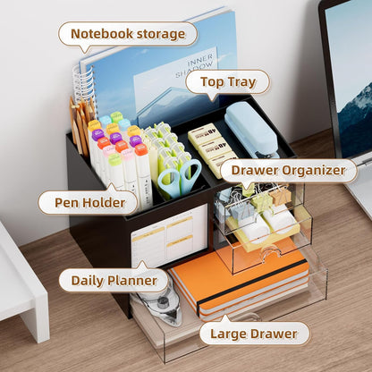 Desk Organizer with 3 Drawer, Multi-Functional Pencil Pen Holder for Desk, Desk Organizers and Accessories with 4 Compartments, Desktop Organizer Storage for Office Home Art Supplies (Black)