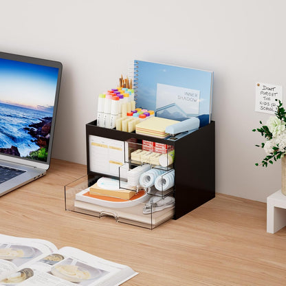 Desk Organizer with 3 Drawer, Multi-Functional Pencil Pen Holder for Desk, Desk Organizers and Accessories with 4 Compartments, Desktop Organizer Storage for Office Home Art Supplies (Black)
