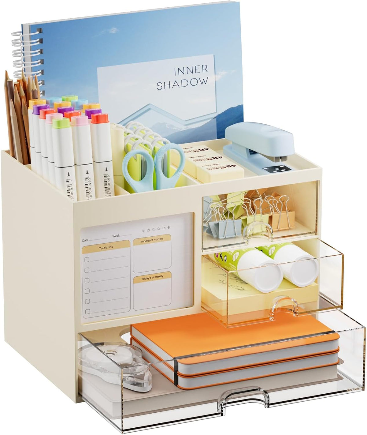 Desk Organizer with 3 Drawer, Multi-Functional Pencil Pen Holder for Desk, Desk Organizers and Accessories with 4 Compartments, Desktop Organizer Storage for Office Home Art Supplies (Black)