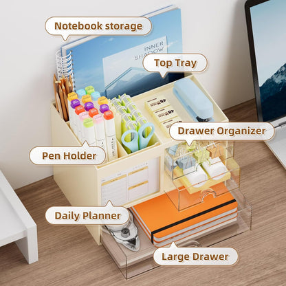Desk Organizer with 3 Drawer, Multi-Functional Pencil Pen Holder for Desk, Desk Organizers and Accessories with 4 Compartments, Desktop Organizer Storage for Office Home Art Supplies (Black)