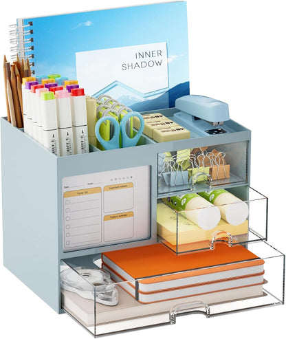 Desk Organizer with 3 Drawer, Multi-Functional Pencil Pen Holder for Desk, Desk Organizers and Accessories with 4 Compartments, Desktop Organizer Storage for Office Home Art Supplies (Black)