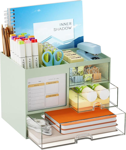 Desk Organizer with 3 Drawer, Multi-Functional Pencil Pen Holder for Desk, Desk Organizers and Accessories with 4 Compartments, Desktop Organizer Storage for Office Home Art Supplies (Black)