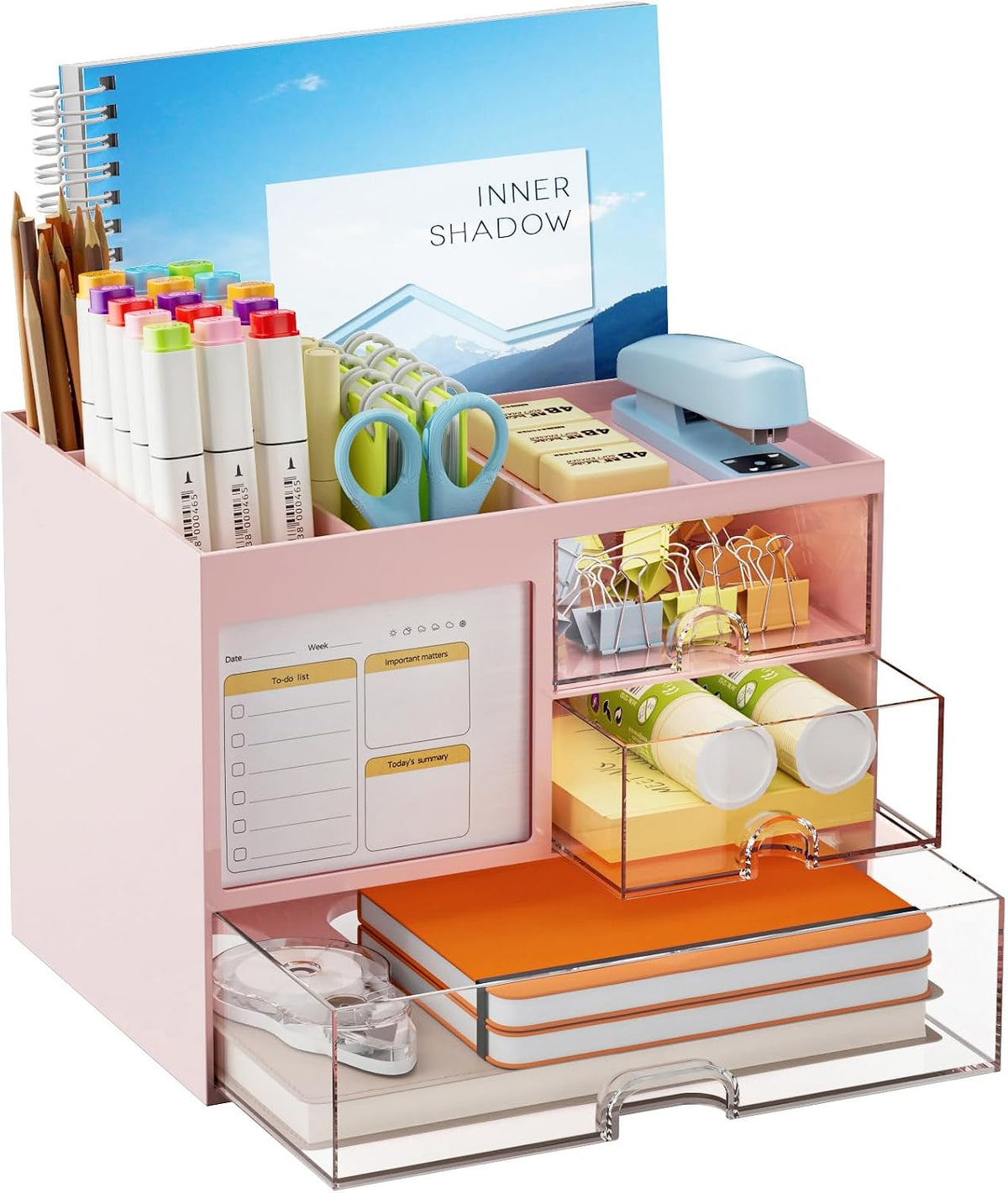 Desk Organizer with 3 Drawer, Multi-Functional Pencil Pen Holder for Desk, Desk Organizers and Accessories with 4 Compartments, Desktop Organizer Storage for Office Home Art Supplies (Black)