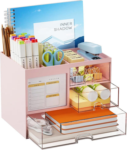 Desk Organizer with 3 Drawer, Multi-Functional Pencil Pen Holder for Desk, Desk Organizers and Accessories with 4 Compartments, Desktop Organizer Storage for Office Home Art Supplies (Black)