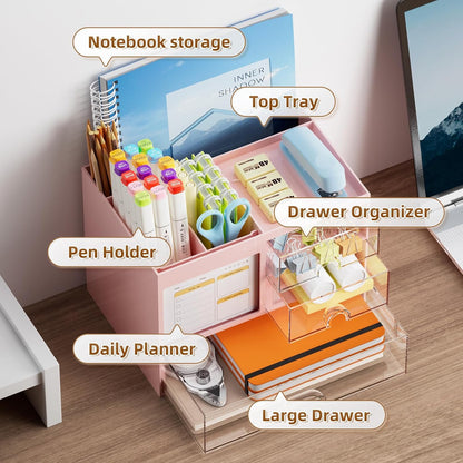 Desk Organizer with 3 Drawer, Multi-Functional Pencil Pen Holder for Desk, Desk Organizers and Accessories with 4 Compartments, Desktop Organizer Storage for Office Home Art Supplies (Black)