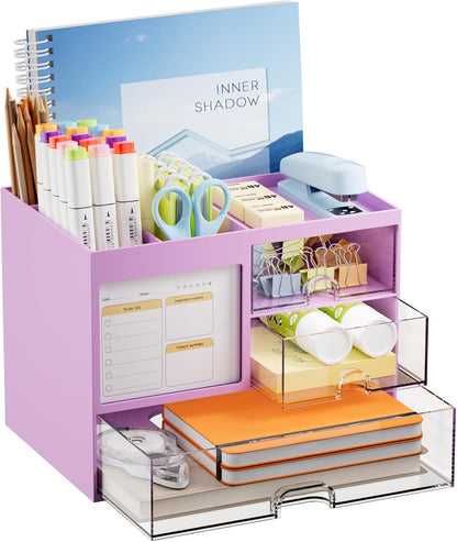 Desk Organizer with 3 Drawer, Multi-Functional Pencil Pen Holder for Desk, Desk Organizers and Accessories with 4 Compartments, Desktop Organizer Storage for Office Home Art Supplies (Black)