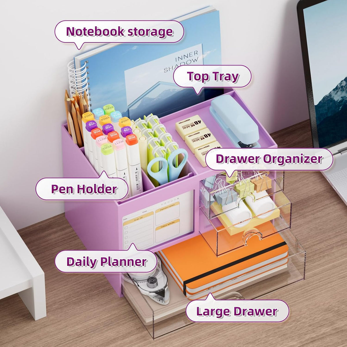Desk Organizer with 3 Drawer, Multi-Functional Pencil Pen Holder for Desk, Desk Organizers and Accessories with 4 Compartments, Desktop Organizer Storage for Office Home Art Supplies (Black)