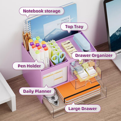 Desk Organizer with 3 Drawer, Multi-Functional Pencil Pen Holder for Desk, Desk Organizers and Accessories with 4 Compartments, Desktop Organizer Storage for Office Home Art Supplies (Black)
