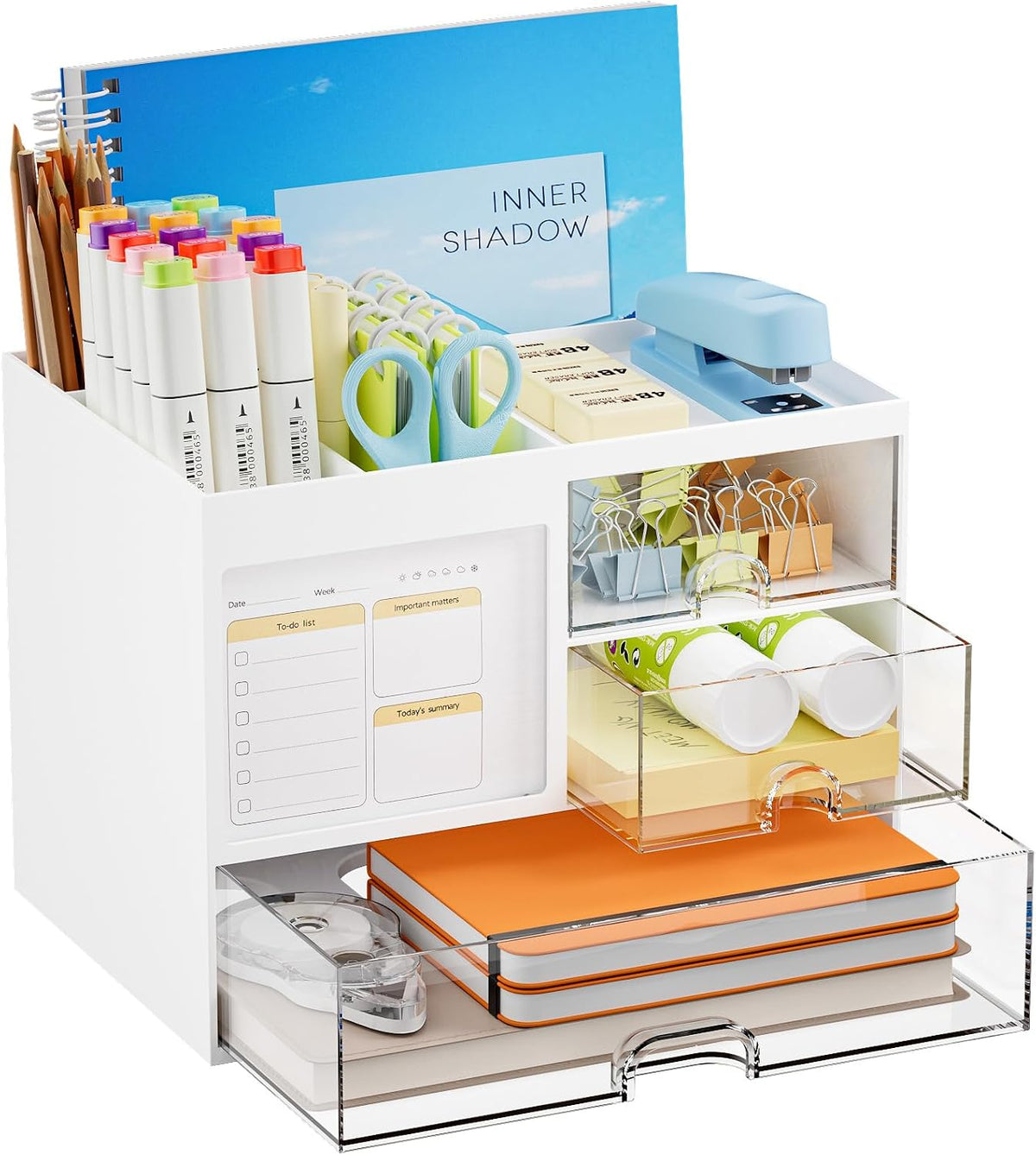 Desk Organizer with 3 Drawer, Multi-Functional Pencil Pen Holder for Desk, Desk Organizers and Accessories with 4 Compartments, Desktop Organizer Storage for Office Home Art Supplies (Black)