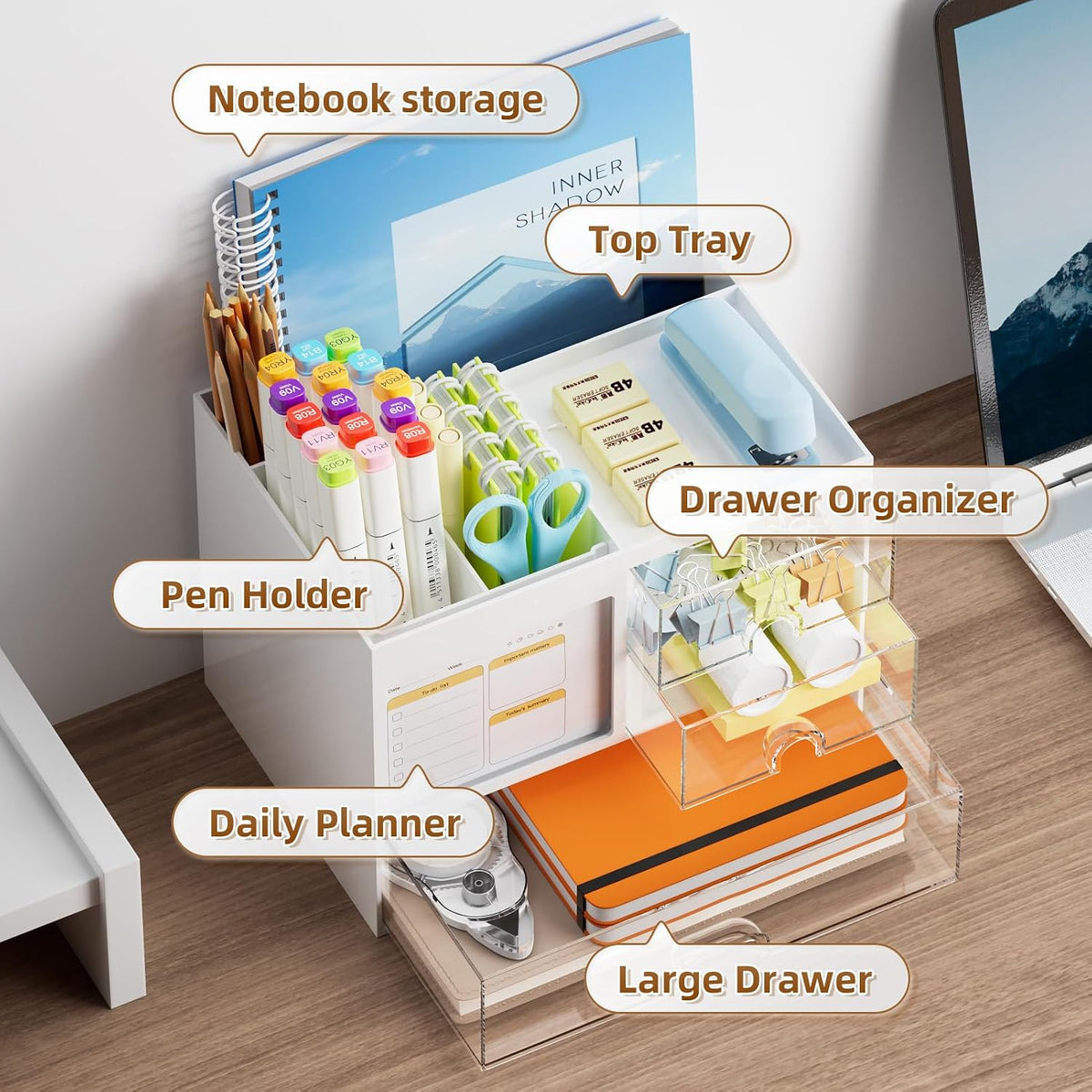 Desk Organizer with 3 Drawer, Multi-Functional Pencil Pen Holder for Desk, Desk Organizers and Accessories with 4 Compartments, Desktop Organizer Storage for Office Home Art Supplies (Black)
