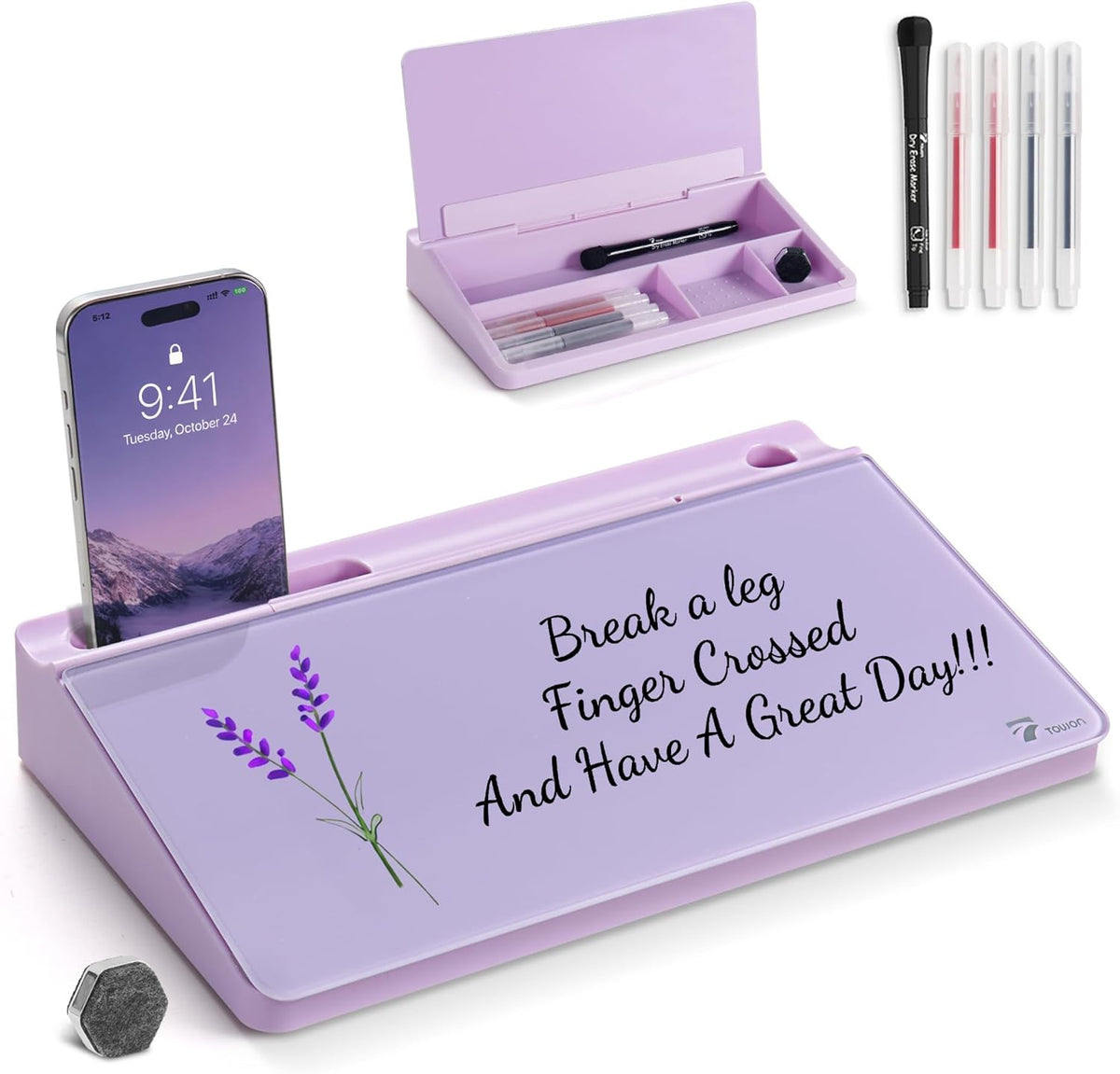 Compact Glass Desktop Whiteboard with Storage 12x7 in, Lavender