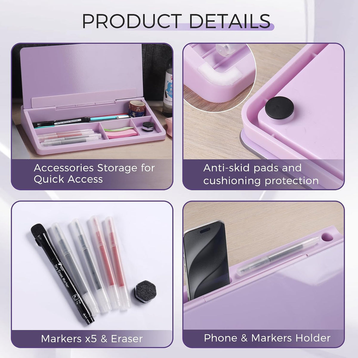 Compact Glass Desktop Whiteboard with Storage 12x7 in, Lavender