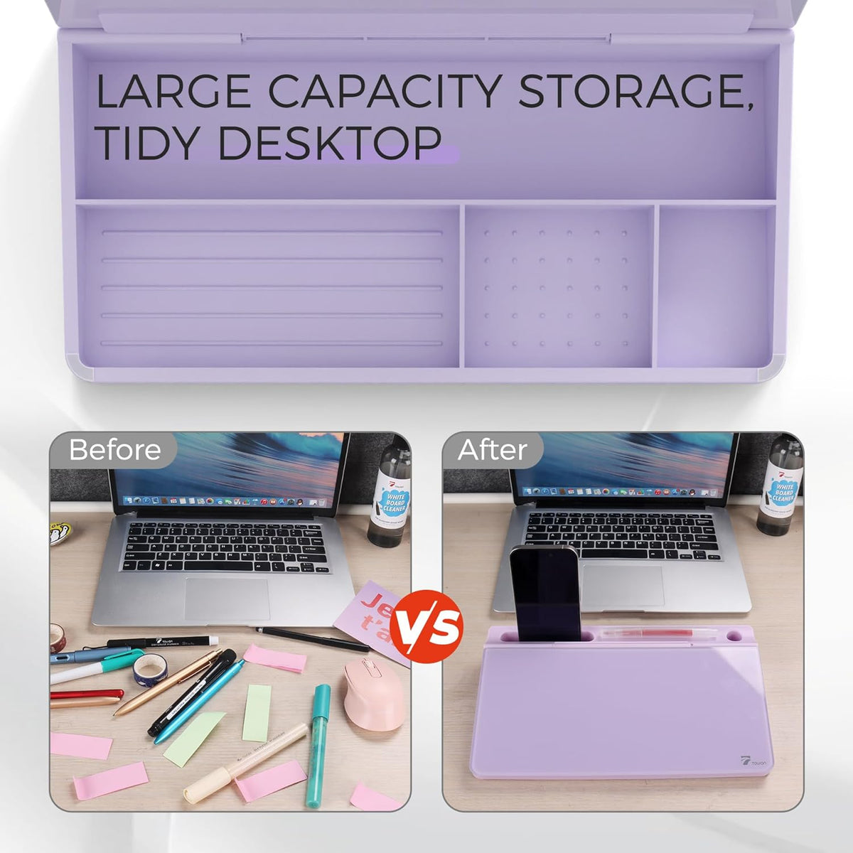 Compact Glass Desktop Whiteboard with Storage 12x7 in, Lavender
