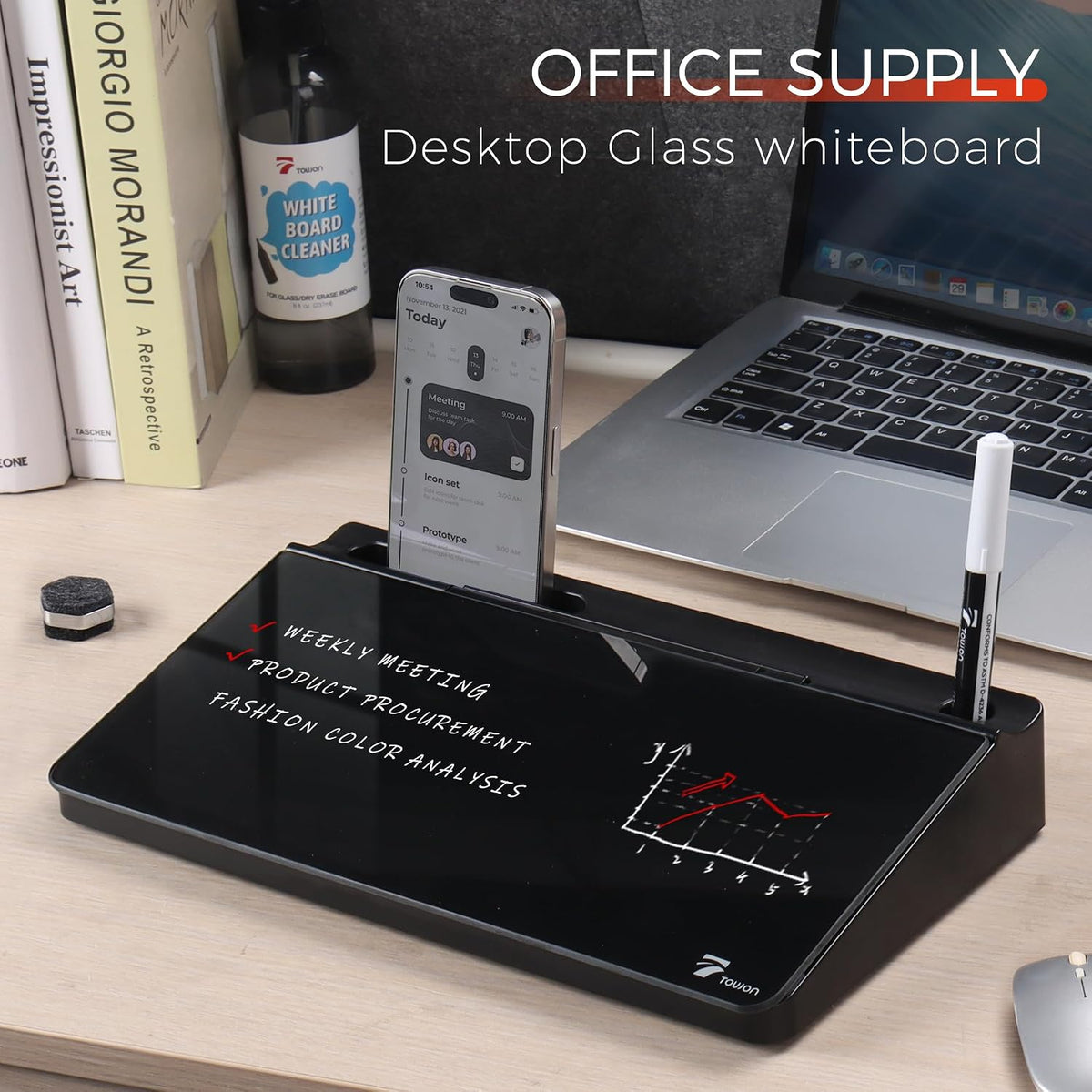 Compact Glass Desktop Whiteboard with Storage 12x7 in, Lavender
