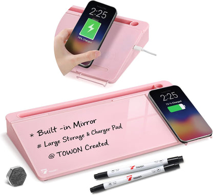 Compact Glass Desktop Whiteboard with Storage 12x7 in, Lavender
