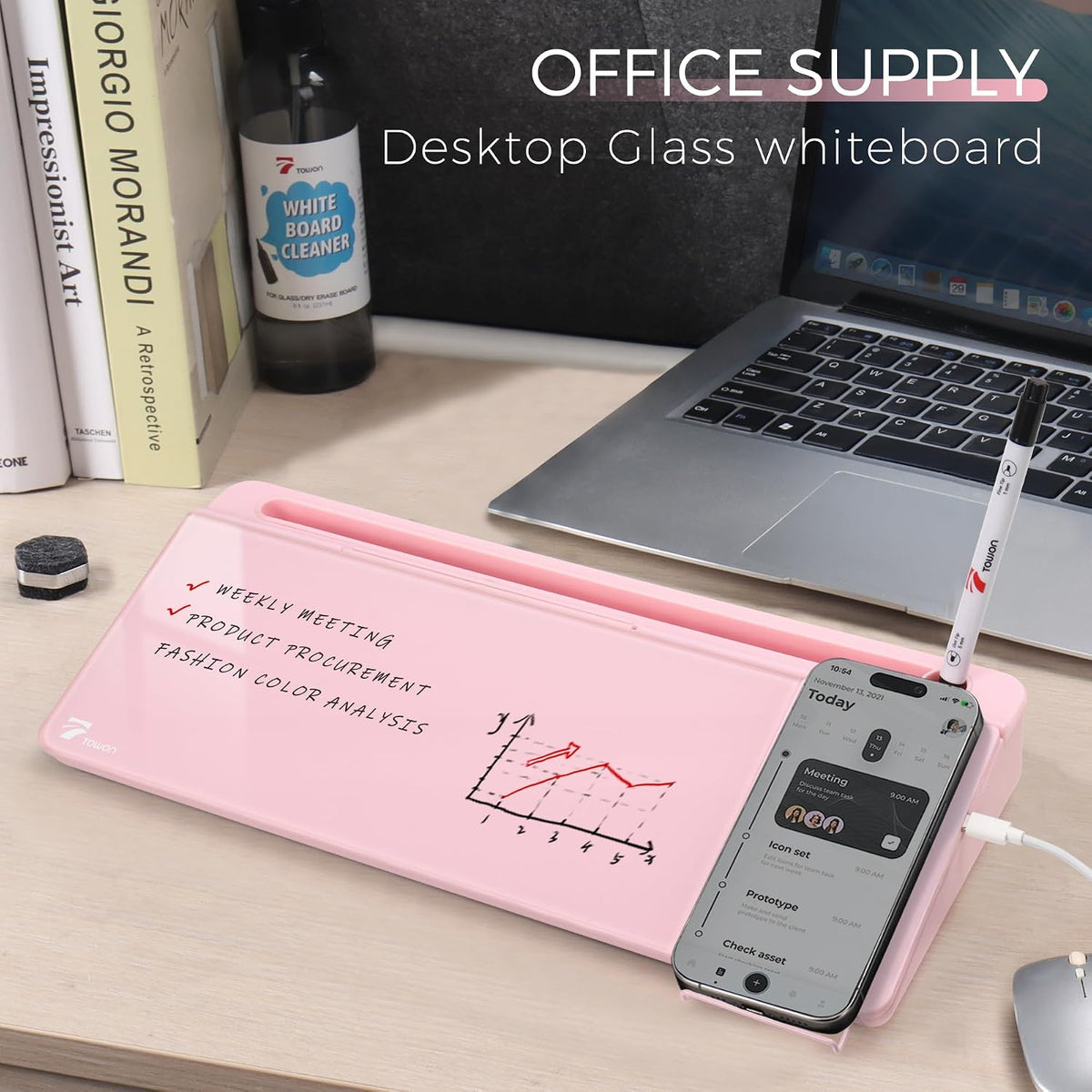 Compact Glass Desktop Whiteboard with Storage 12x7 in, Lavender