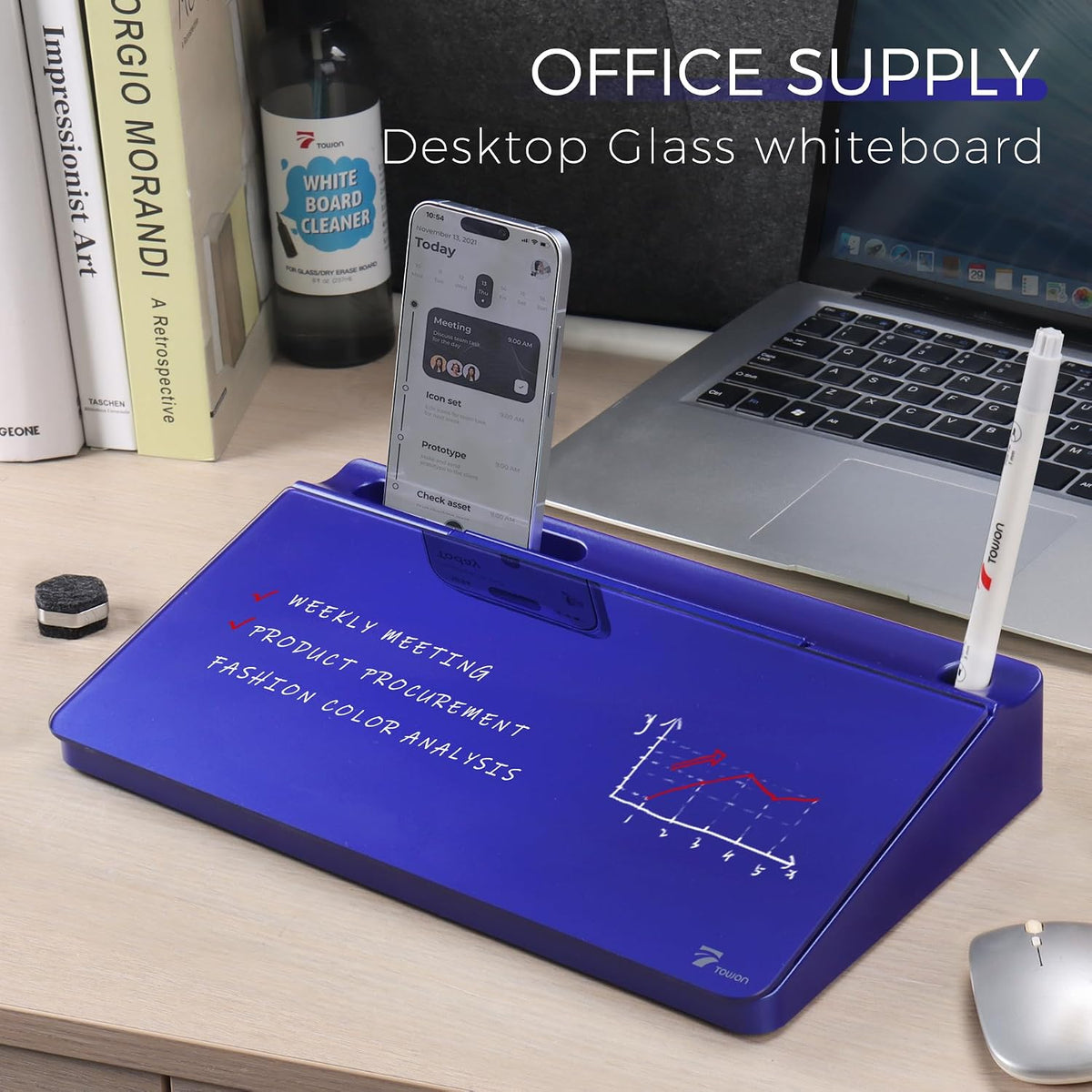 Compact Glass Desktop Whiteboard with Storage 12x7 in, Lavender