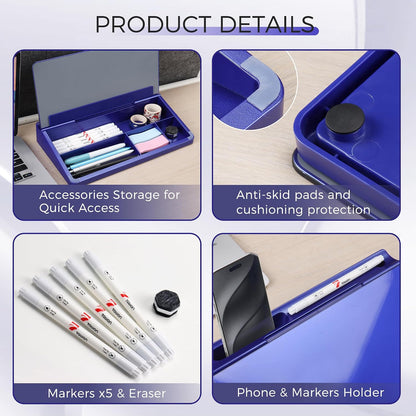 Compact Glass Desktop Whiteboard with Storage 12x7 in, Lavender