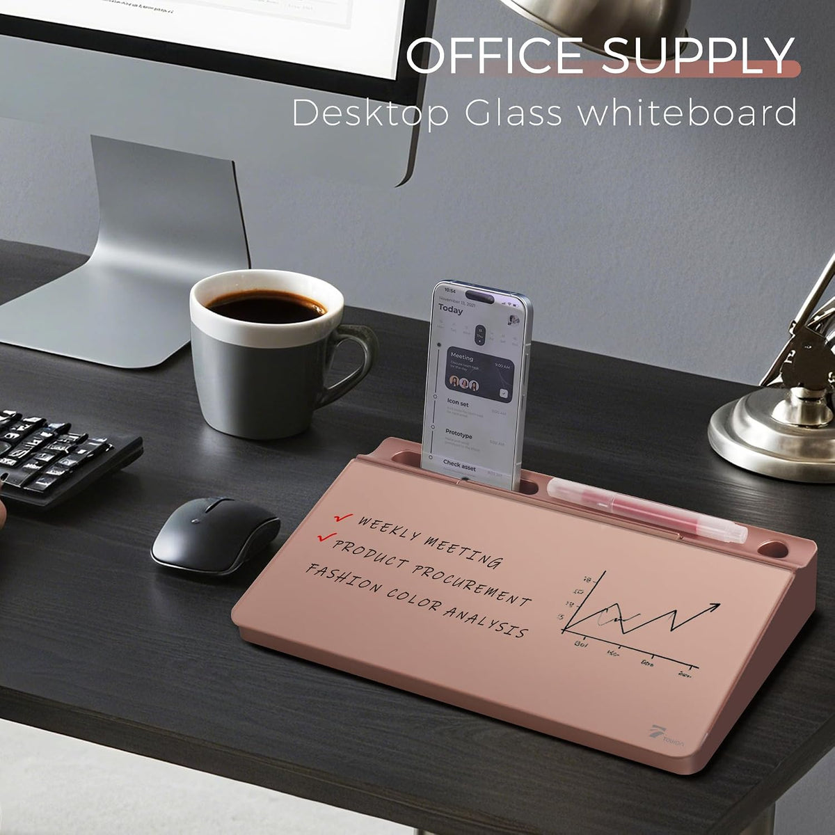 Compact Glass Desktop Whiteboard with Storage 12x7 in, Lavender