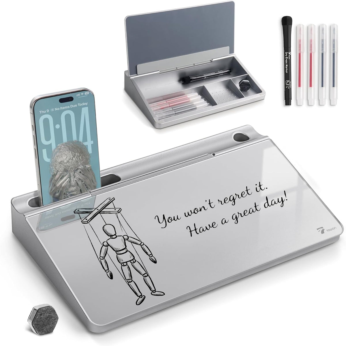 Compact Glass Desktop Whiteboard with Storage 12x7 in, Lavender