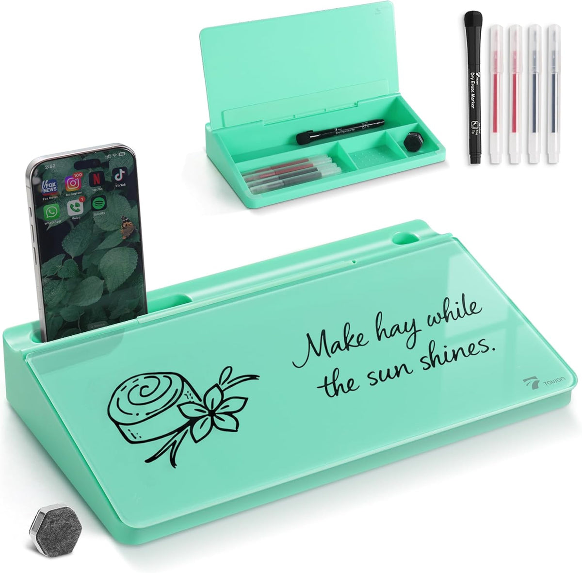 Compact Glass Desktop Whiteboard with Storage 12x7 in, Lavender