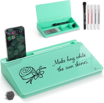 Compact Glass Desktop Whiteboard with Storage 12x7 in, Lavender