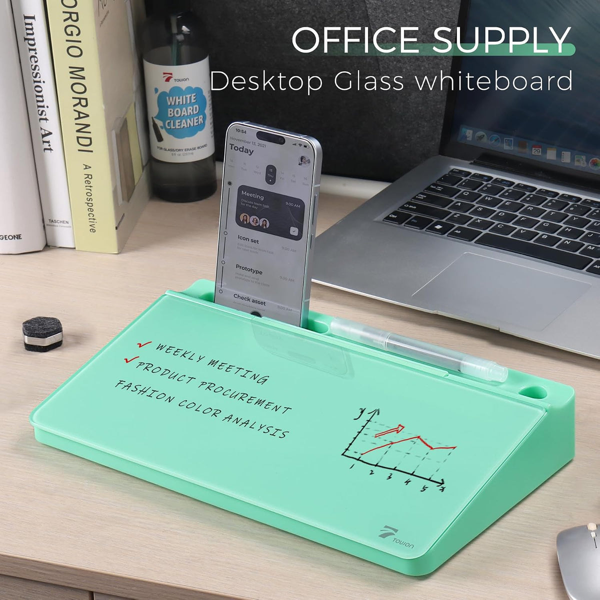 Compact Glass Desktop Whiteboard with Storage 12x7 in, Lavender