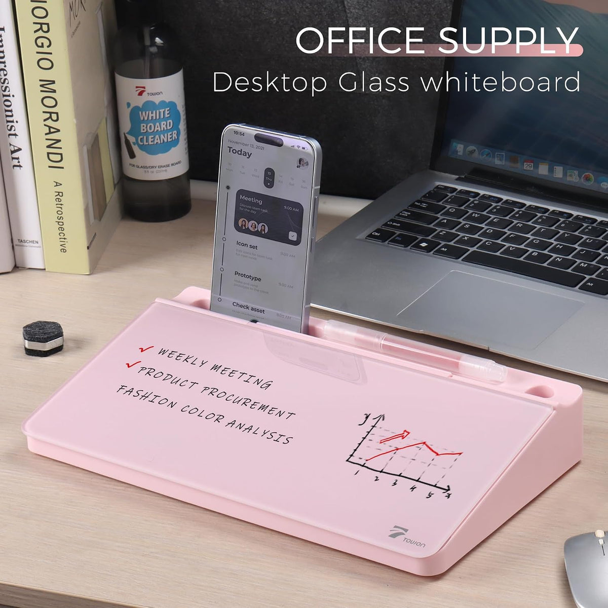 Compact Glass Desktop Whiteboard with Storage 12x7 in, Lavender