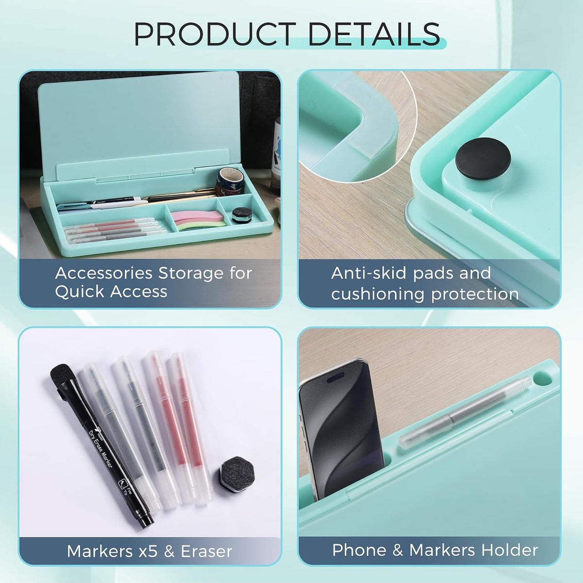 Compact Glass Desktop Whiteboard with Storage 12x7 in, Lavender