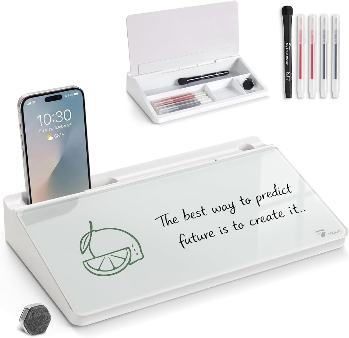 Compact Glass Desktop Whiteboard with Storage 12x7 in, Lavender