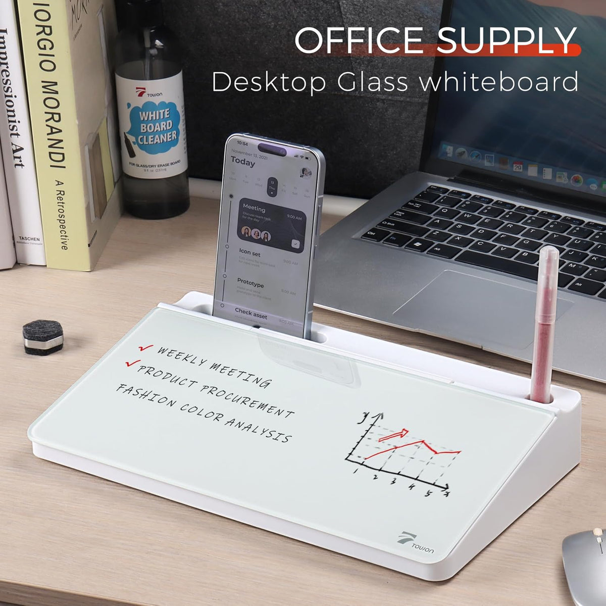 Compact Glass Desktop Whiteboard with Storage 12x7 in, Lavender