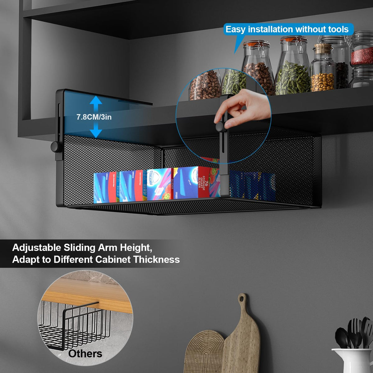 2Pack Under Shelf Basket,Adjustable Hanging Holder,Black