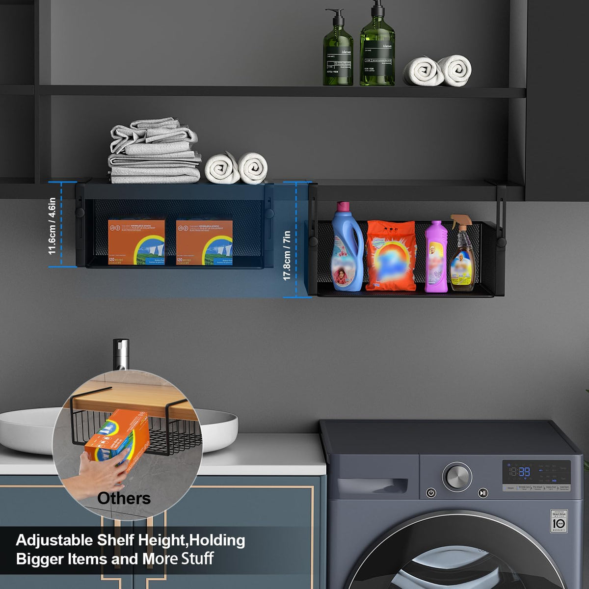 2Pack Under Shelf Basket,Adjustable Hanging Holder,Black