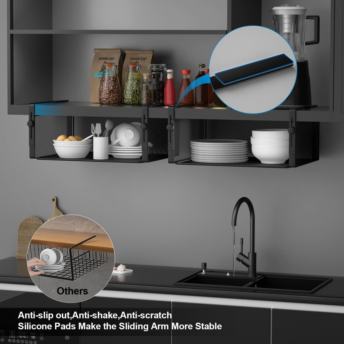 2Pack Under Shelf Basket,Adjustable Hanging Holder,Black