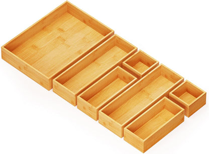 7-Piece Bamboo Drawer Organizer Storage Boxes Set, Wood Tray Junk Drawer Organizers Multi-Use Divider Bins for Kitchen, Bathroom, Office Desk and Makeup Organization (7 Pack, Natural)