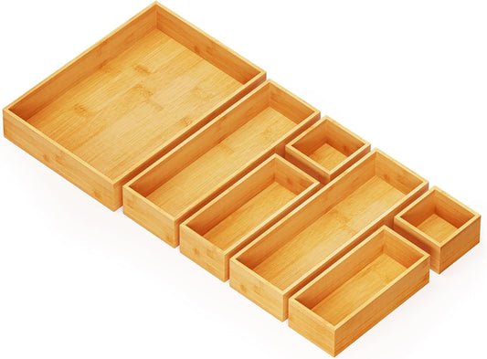 7-Piece Bamboo Drawer Organizer Storage Boxes Set, Wood Tray Junk Drawer Organizers Multi-Use Divider Bins for Kitchen, Bathroom, Office Desk and Makeup Organization (7 Pack, Natural)